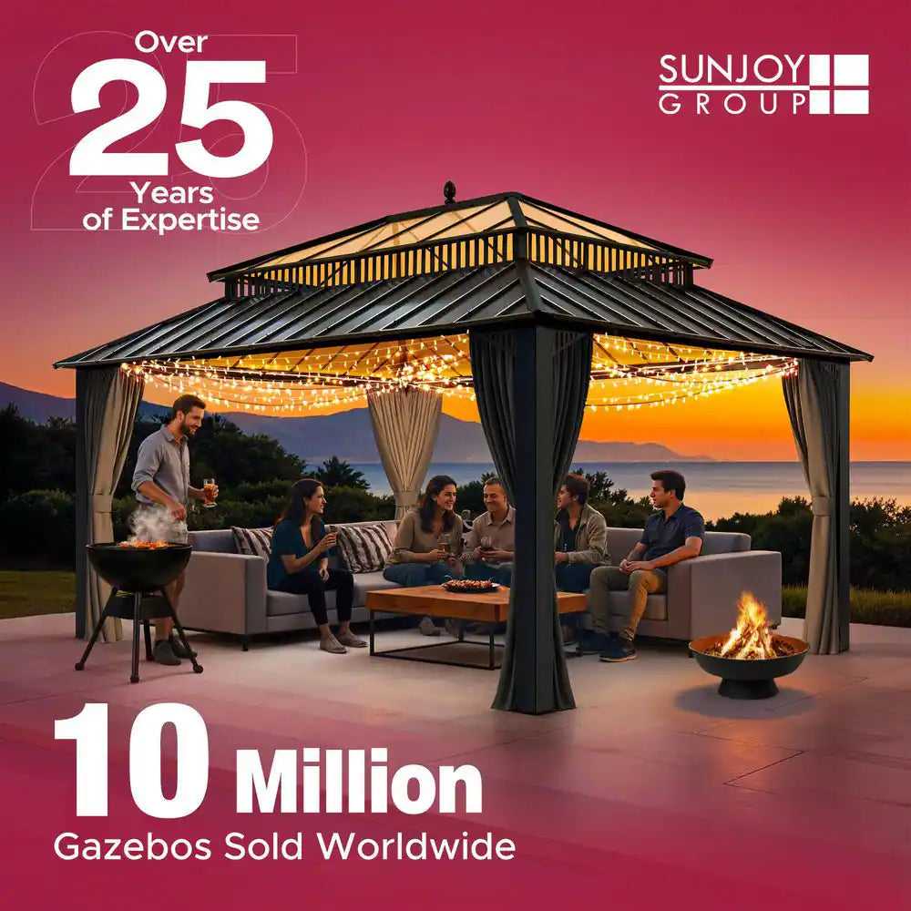 10 Ft. X 12 Ft. 2-Tier Black Power-Coated Steel Hardtop Gazebo Patio Aluminum Frame Gazebo with Solar Panel and Netting
