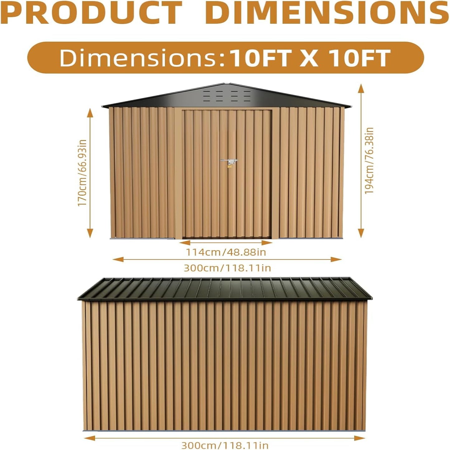 10X10Ft Outdoor Metal Storage Shed, Lockable Weatherproof Garden Shed for Tools & Equipment, Durable Galvanized Steel with Sloping Roof & Ventilation, Ideal for Backyard, Patio & Garage Storage, Brown