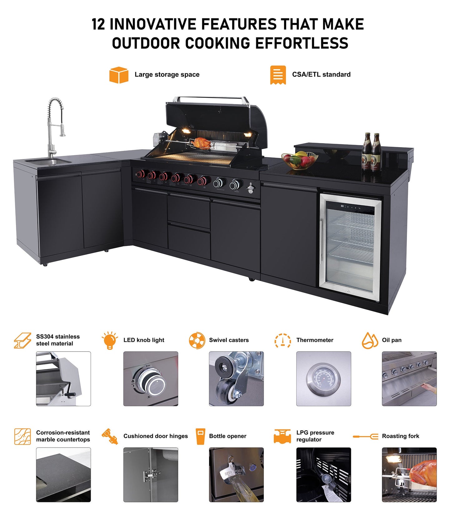 85.2" 4+1 Burner 71,500 BTU Black Outdoor Kitchen Island Grill+ Sink + Refrigerator