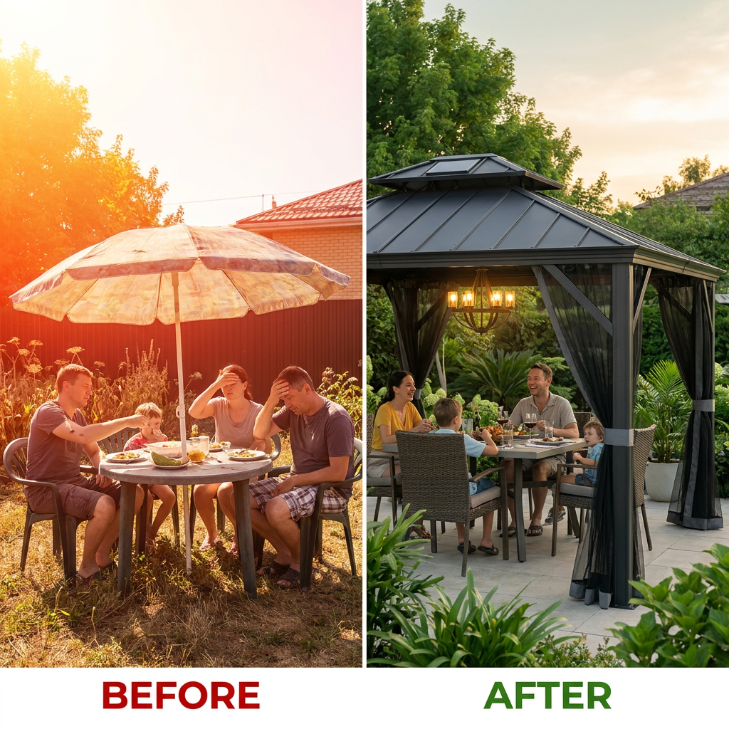 10 Ft. X 12 Ft. 2-Tier Black Power-Coated Steel Hardtop Gazebo Patio Aluminum Frame Gazebo with Solar Panel and Netting — Before & After