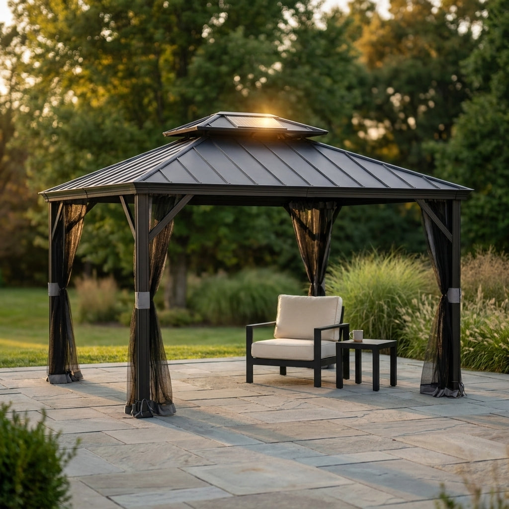 10 Ft. X 12 Ft. 2-Tier Black Power-Coated Steel Hardtop Gazebo Patio Aluminum Frame Gazebo with Solar Panel and Netting — Studio Shot