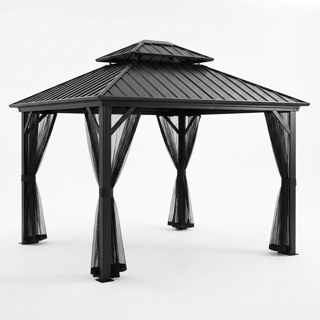 10 Ft. X 12 Ft. 2-Tier Black Power-Coated Steel Hardtop Gazebo Patio Aluminum Frame Gazebo with Solar Panel and Netting — Studio Shot