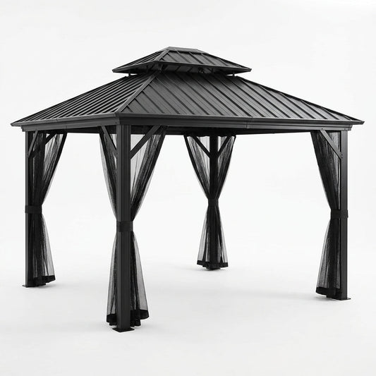 10 Ft. X 12 Ft. 2-Tier Black Power-Coated Steel Hardtop Gazebo Patio Aluminum Frame Gazebo with Solar Panel and Netting — Studio Shot