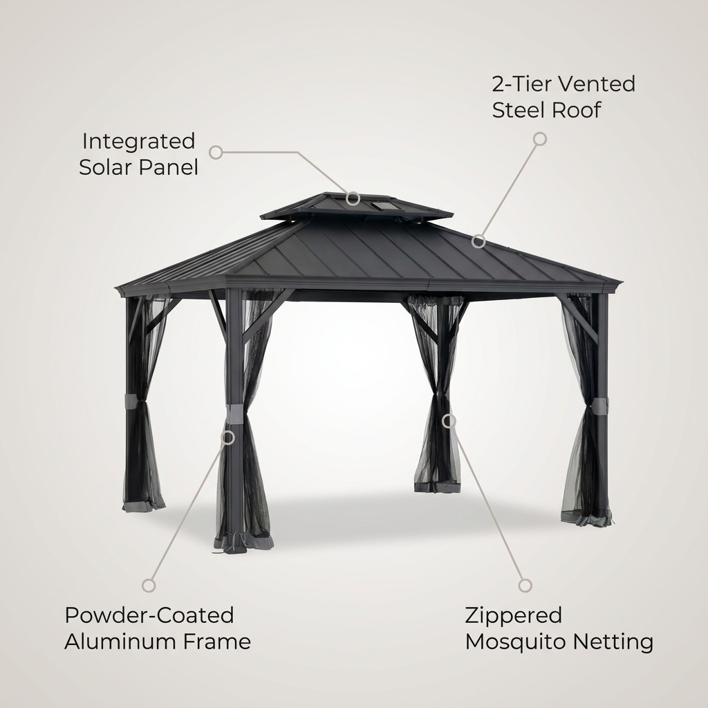10 Ft. X 12 Ft. 2-Tier Black Power-Coated Steel Hardtop Gazebo Patio Aluminum Frame Gazebo with Solar Panel and Netting — infographic