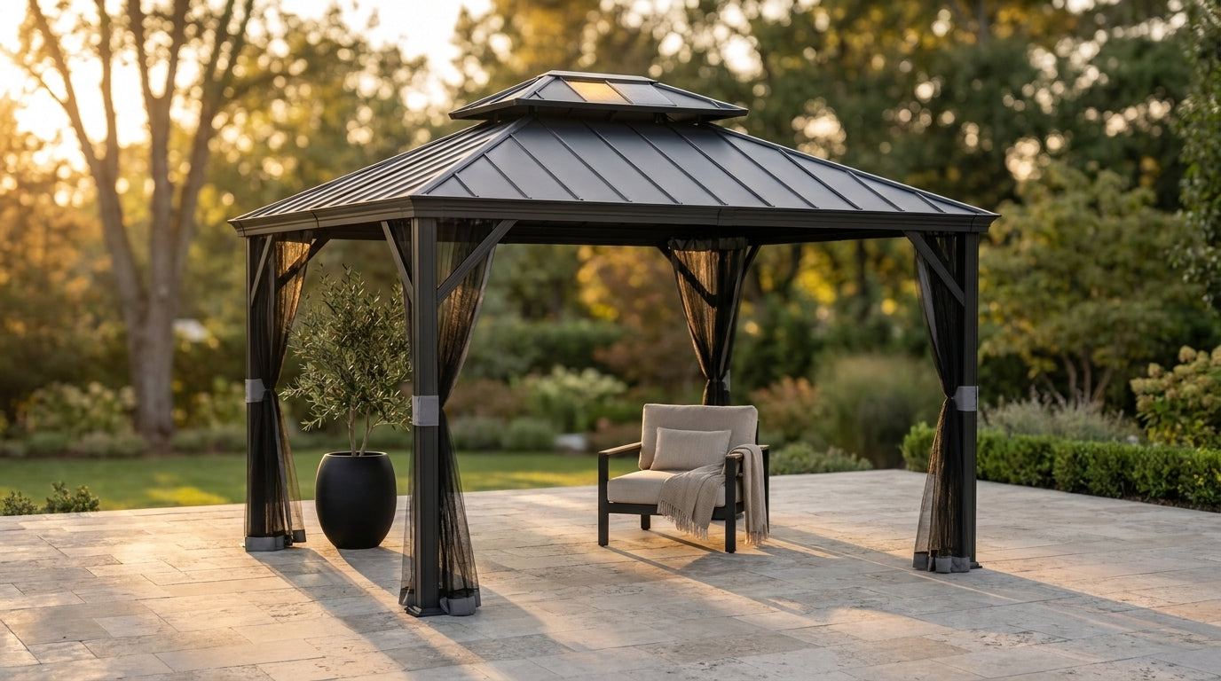 10 Ft. X 12 Ft. 2-Tier Black Power-Coated Steel Hardtop Gazebo Patio Aluminum Frame Gazebo with Solar Panel and Netting — Lifestyle