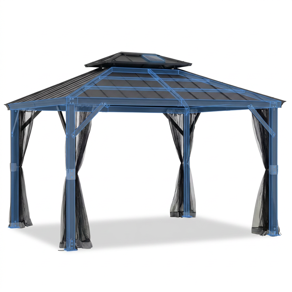 10 Ft. X 12 Ft. 2-Tier Black Power-Coated Steel Hardtop Gazebo Patio Aluminum Frame Gazebo with Solar Panel and Netting — How It Works