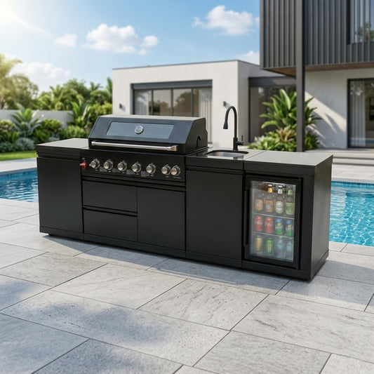 102" 6-Burner 85,000 BTU Black Outdoor Kitchen Island Grill + Refrigerator + Marble Countertops + Sink