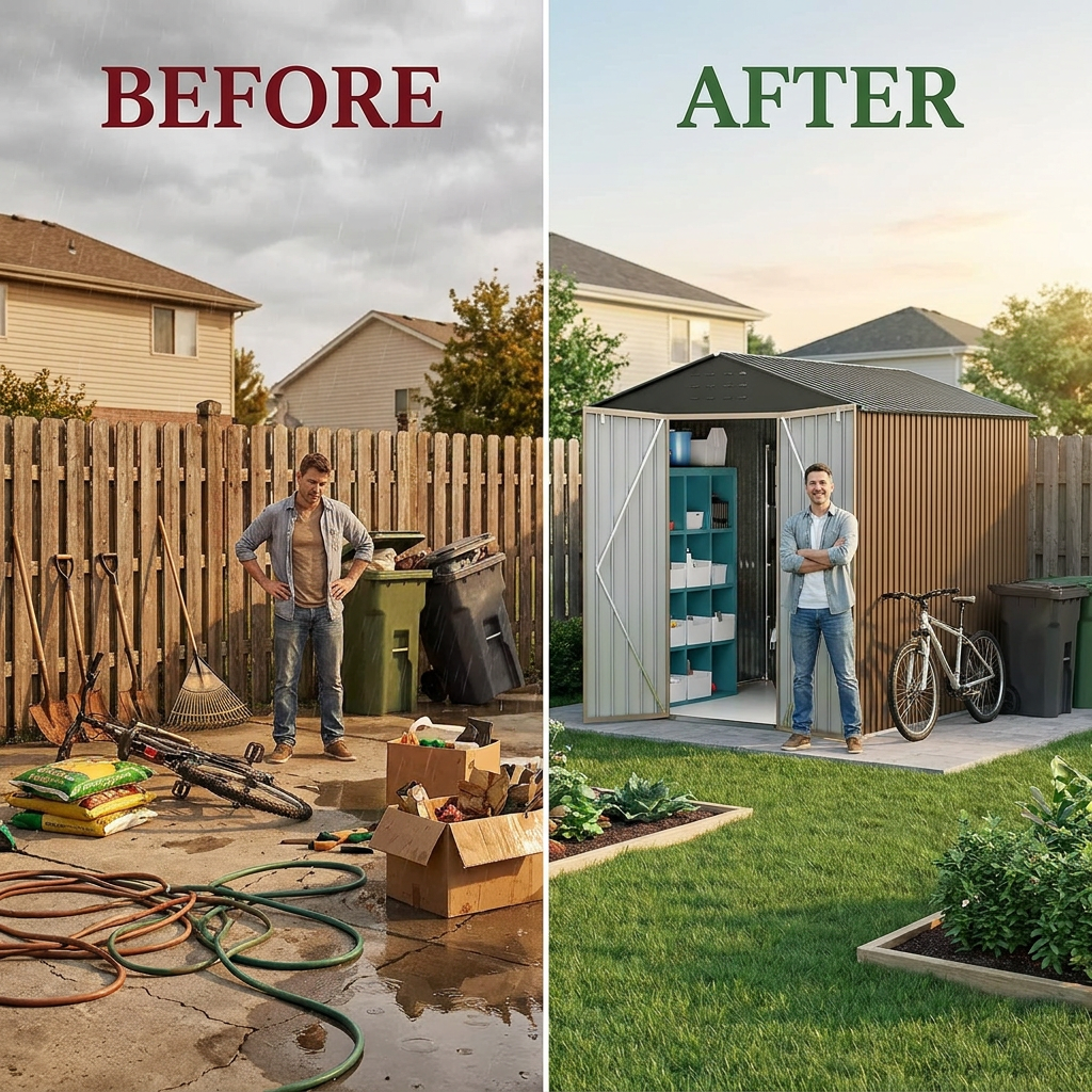 10X10Ft Outdoor Metal Storage Shed, Lockable Weatherproof Garden Shed for Tools & Equipment, Durable Galvanized Steel with Sloping Roof & Ventilation, Ideal for Backyard, Patio & Garage Storage, Brown — Before & After