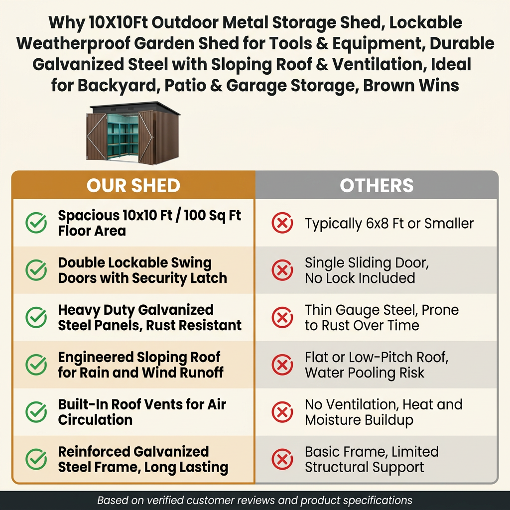 10X10Ft Outdoor Metal Storage Shed, Lockable Weatherproof Garden Shed for Tools & Equipment, Durable Galvanized Steel with Sloping Roof & Ventilation, Ideal for Backyard, Patio & Garage Storage, Brown — Comparison