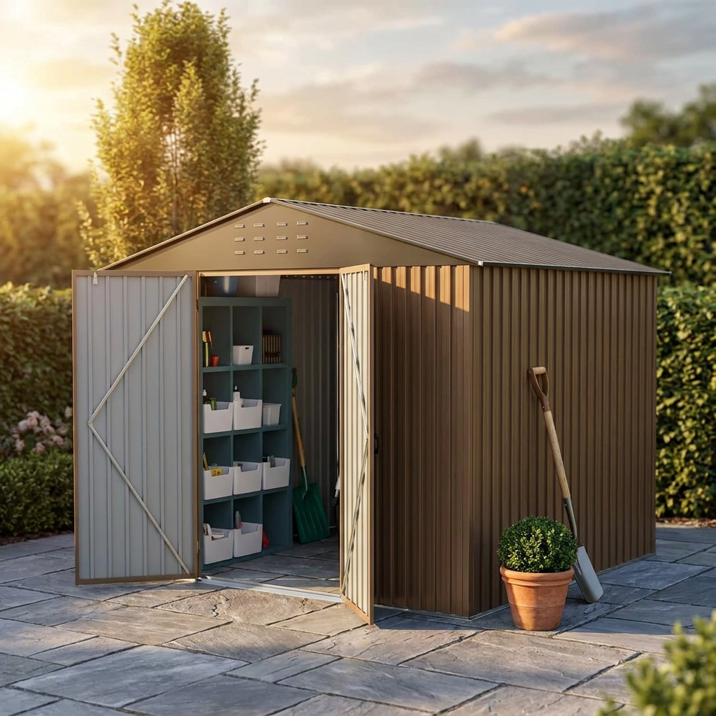 10X10Ft Outdoor Metal Storage Shed, Lockable Weatherproof Garden Shed for Tools & Equipment, Durable Galvanized Steel with Sloping Roof & Ventilation, Ideal for Backyard, Patio & Garage Storage, Brown — Studio Shot