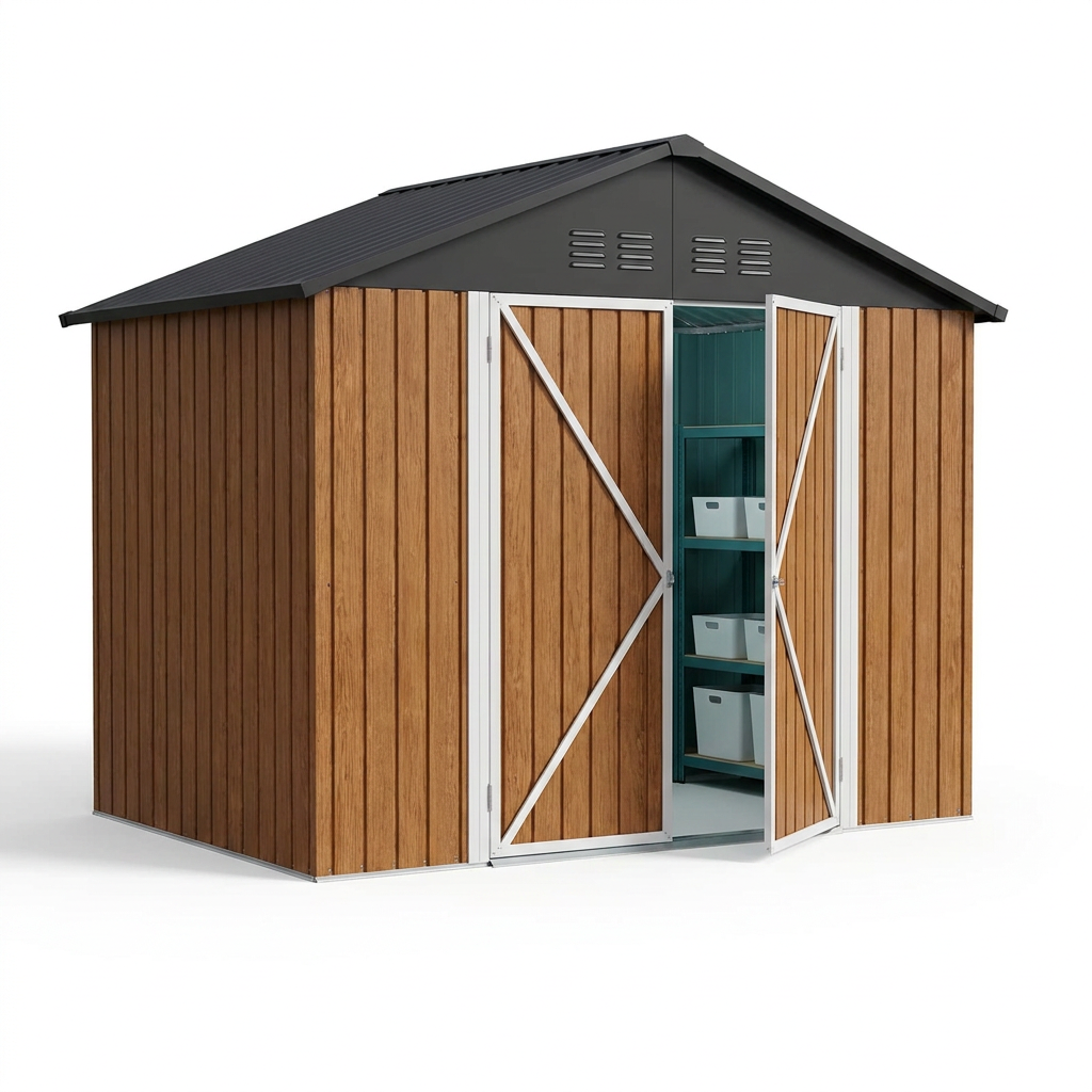 10X10Ft Outdoor Metal Storage Shed, Lockable Weatherproof Garden Shed for Tools & Equipment, Durable Galvanized Steel with Sloping Roof & Ventilation, Ideal for Backyard, Patio & Garage Storage, Brown — Studio Shot