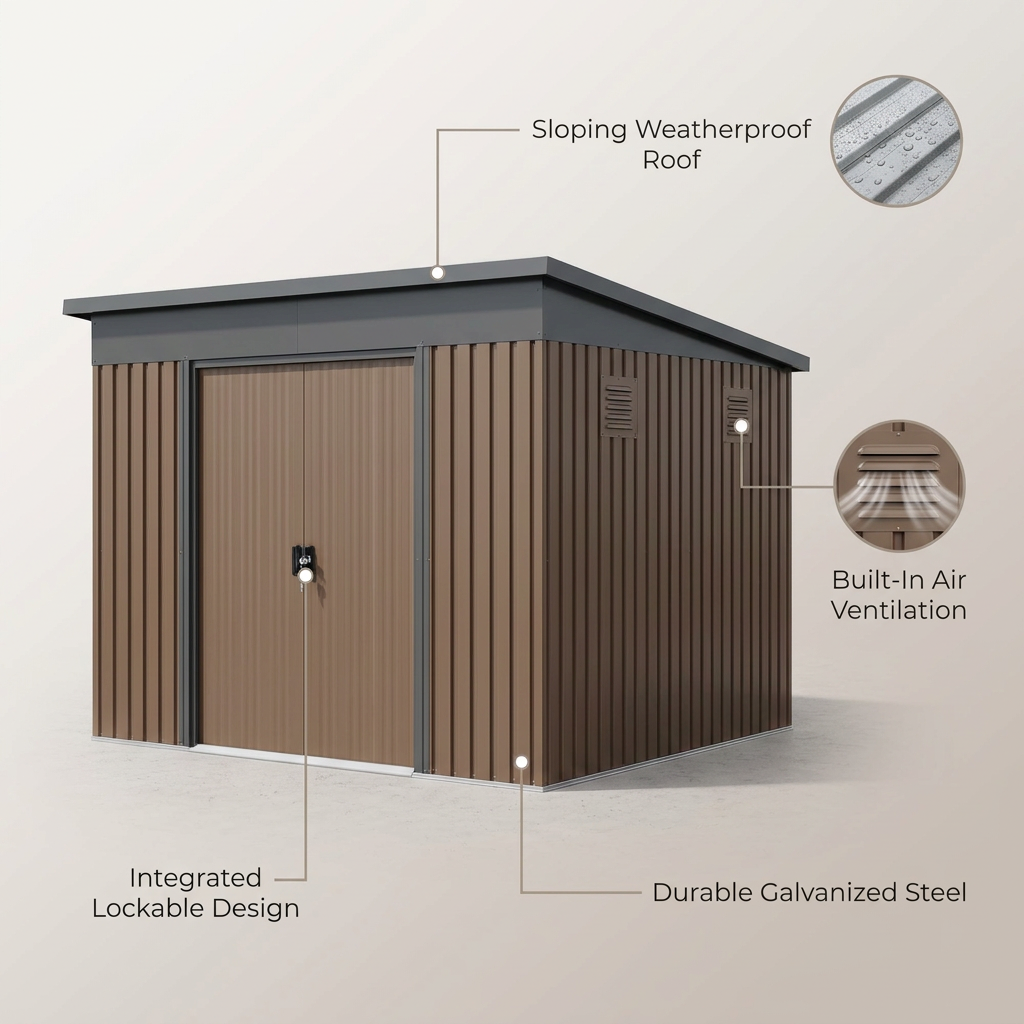 10X10Ft Outdoor Metal Storage Shed, Lockable Weatherproof Garden Shed for Tools & Equipment, Durable Galvanized Steel with Sloping Roof & Ventilation, Ideal for Backyard, Patio & Garage Storage, Brown — infographic