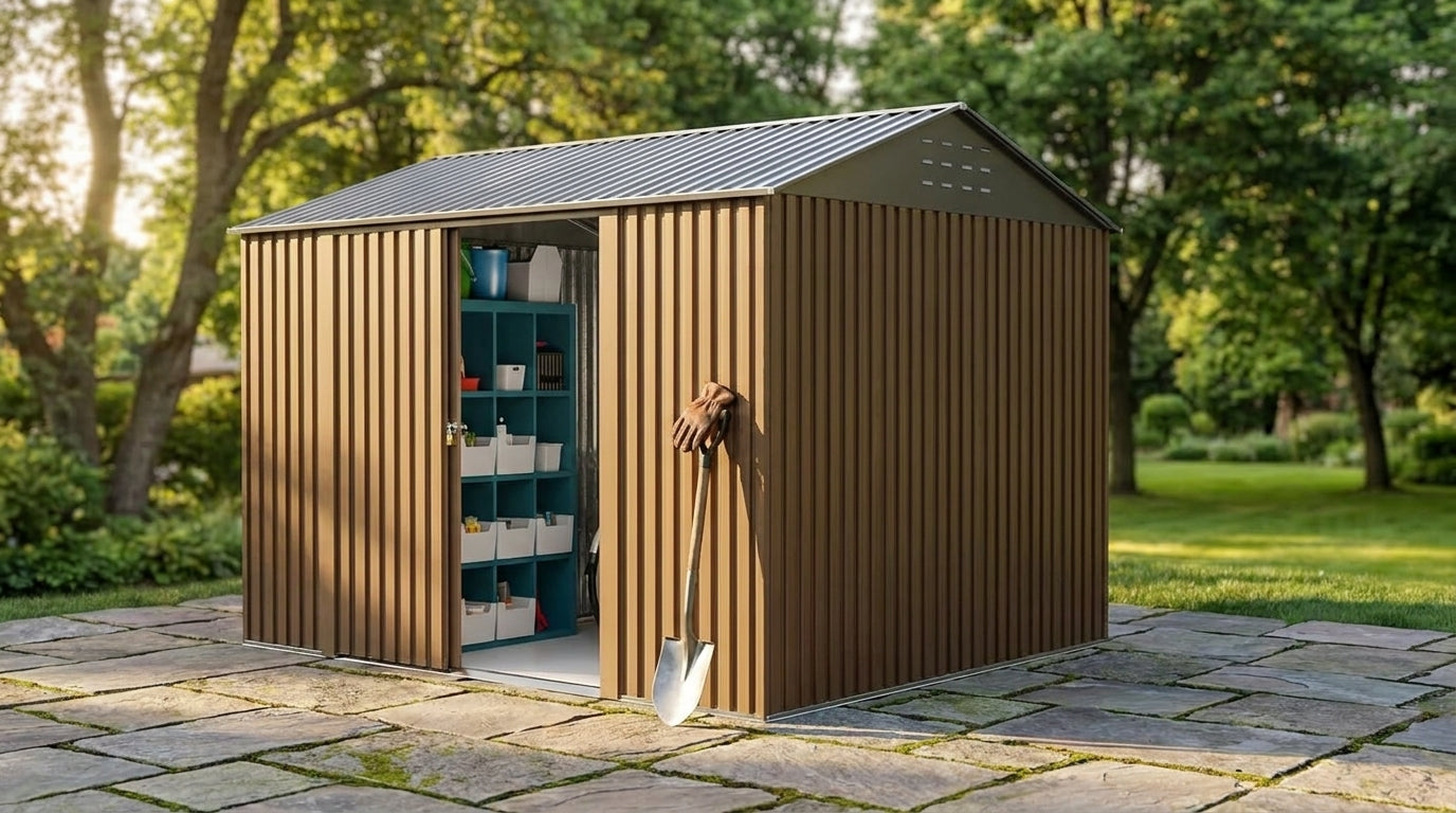 10X10Ft Outdoor Metal Storage Shed, Lockable Weatherproof Garden Shed for Tools & Equipment, Durable Galvanized Steel with Sloping Roof & Ventilation, Ideal for Backyard, Patio & Garage Storage, Brown — Lifestyle