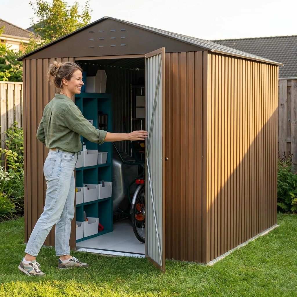 10X10Ft Outdoor Metal Storage Shed, Lockable Weatherproof Garden Shed for Tools & Equipment, Durable Galvanized Steel with Sloping Roof & Ventilation, Ideal for Backyard, Patio & Garage Storage, Brown — Lifestyle
