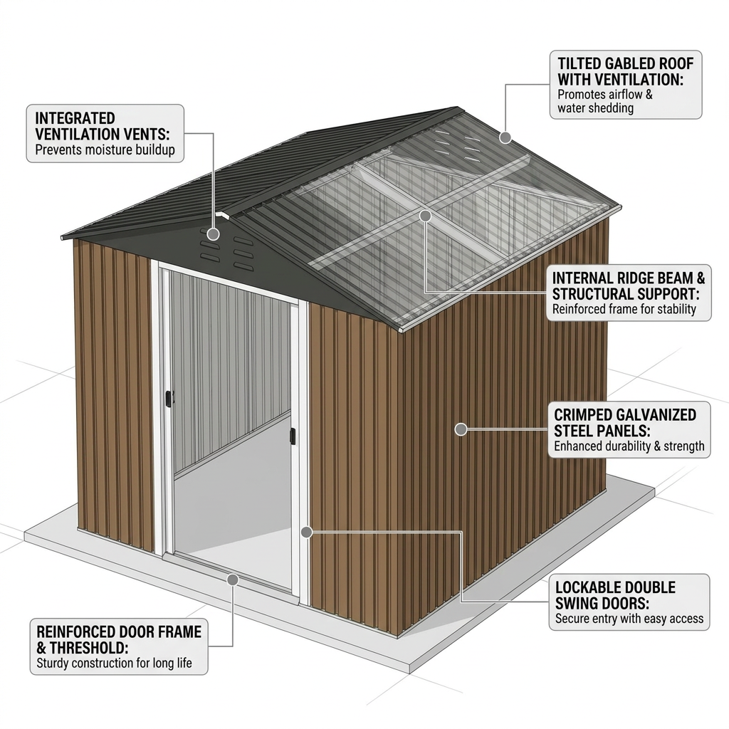 10X10Ft Outdoor Metal Storage Shed, Lockable Weatherproof Garden Shed for Tools & Equipment, Durable Galvanized Steel with Sloping Roof & Ventilation, Ideal for Backyard, Patio & Garage Storage, Brown — How It Works