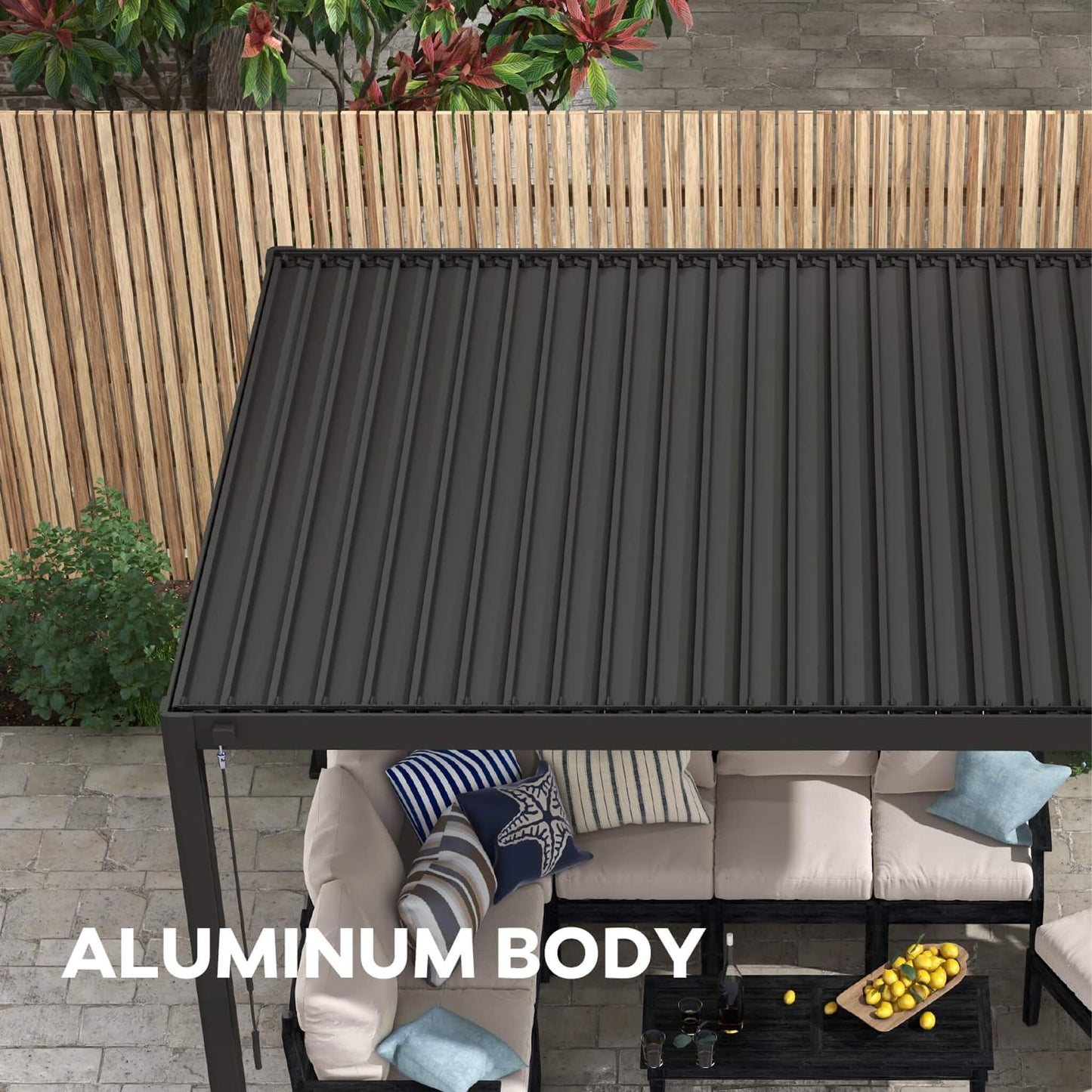 [10X20FT] Alora Modern Outdoor Adjustable Charcoal Louvered Pergola With Screens And Built-In Drainage (SAK64973)