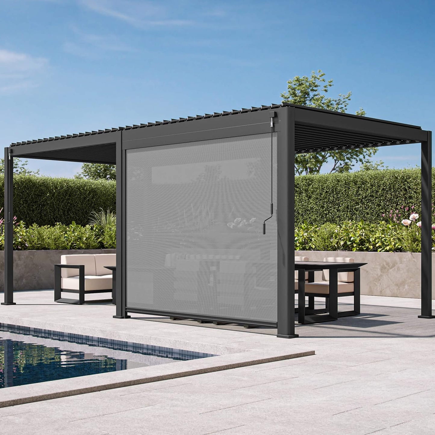 [10X20FT] Alora Modern Outdoor Adjustable Charcoal Louvered Pergola With Screens And Built-In Drainage (SAK64973)