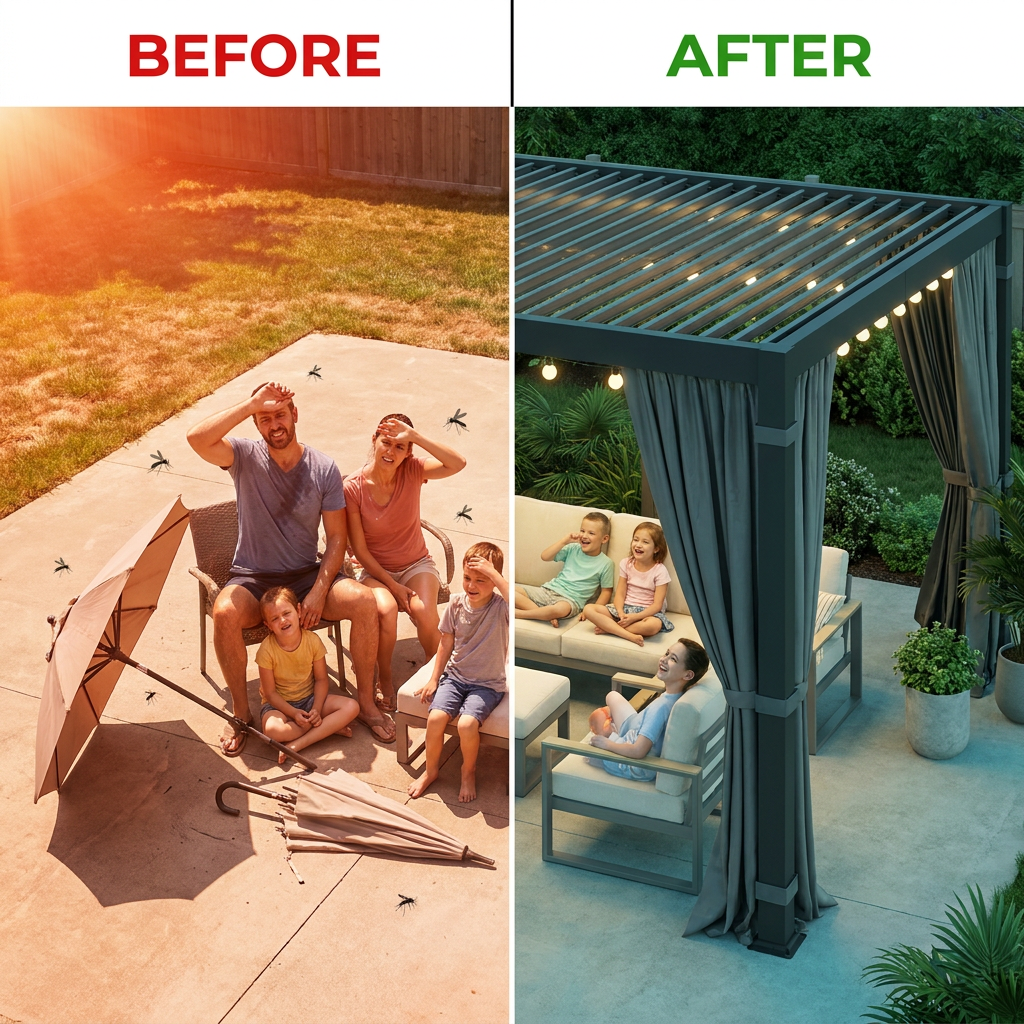 12' X 16' Louvered Pergola, Outdoor Pergola with Metal Adjustable Louvered Roof & Gutter System, Hardtop Patio Gazebo for Backyard, Patio, Garden, Dark Gray — Before & After
