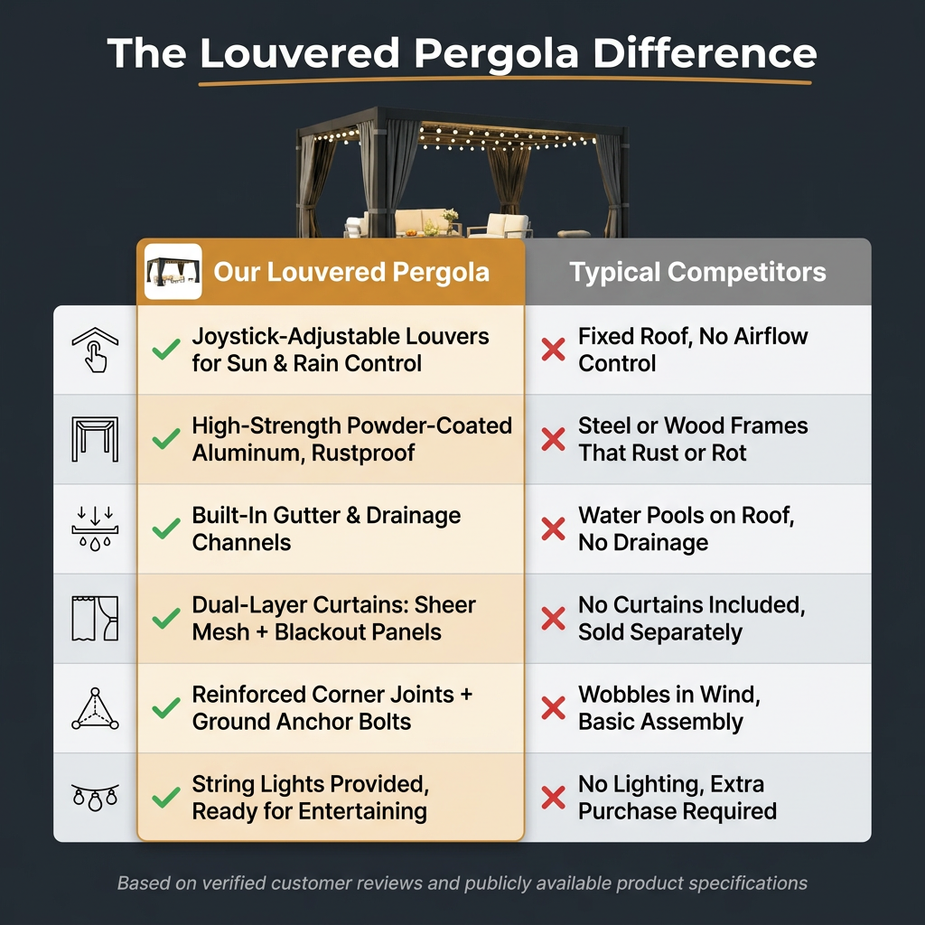 12' X 16' Louvered Pergola, Outdoor Pergola with Metal Adjustable Louvered Roof & Gutter System, Hardtop Patio Gazebo for Backyard, Patio, Garden, Dark Gray — Comparison