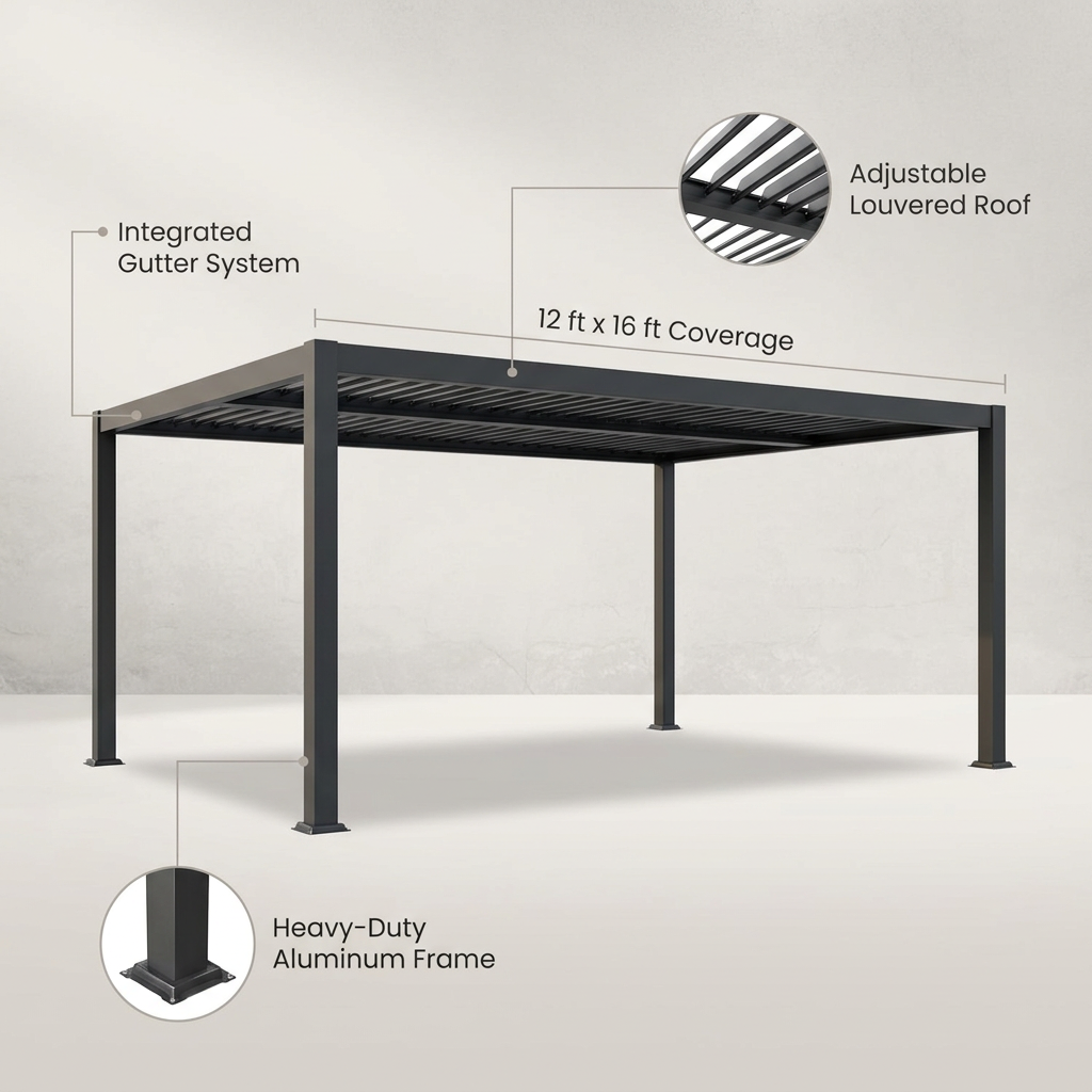 12' X 16' Louvered Pergola, Outdoor Pergola with Metal Adjustable Louvered Roof & Gutter System, Hardtop Patio Gazebo for Backyard, Patio, Garden, Dark Gray — infographic