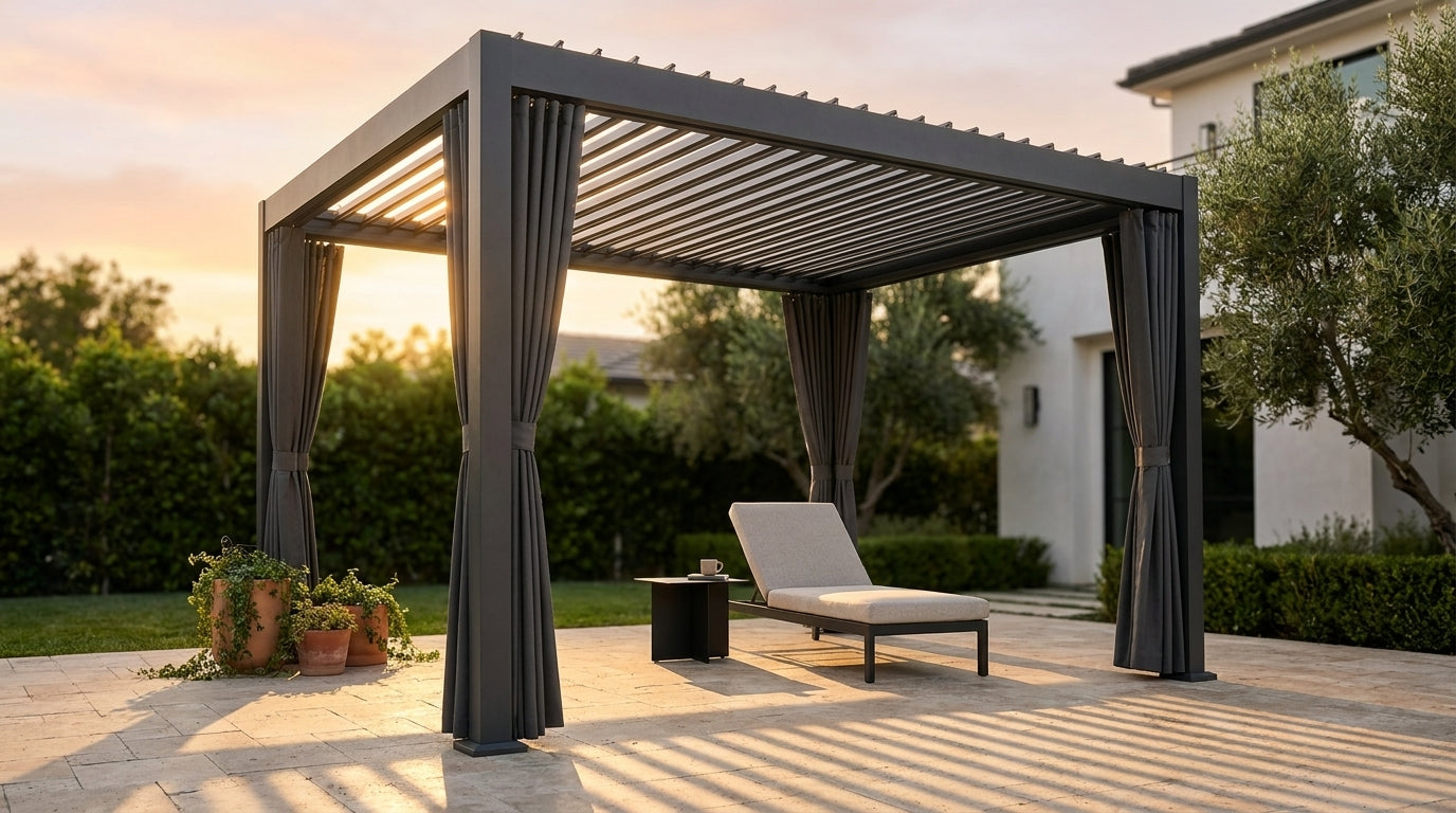 12' X 16' Louvered Pergola, Outdoor Pergola with Metal Adjustable Louvered Roof & Gutter System, Hardtop Patio Gazebo for Backyard, Patio, Garden, Dark Gray — Lifestyle