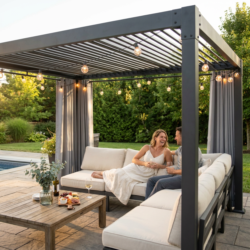 12' X 16' Louvered Pergola, Outdoor Pergola with Metal Adjustable Louvered Roof & Gutter System, Hardtop Patio Gazebo for Backyard, Patio, Garden, Dark Gray — Lifestyle