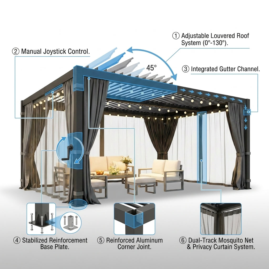 12' X 16' Louvered Pergola, Outdoor Pergola with Metal Adjustable Louvered Roof & Gutter System, Hardtop Patio Gazebo for Backyard, Patio, Garden, Dark Gray — How It Works