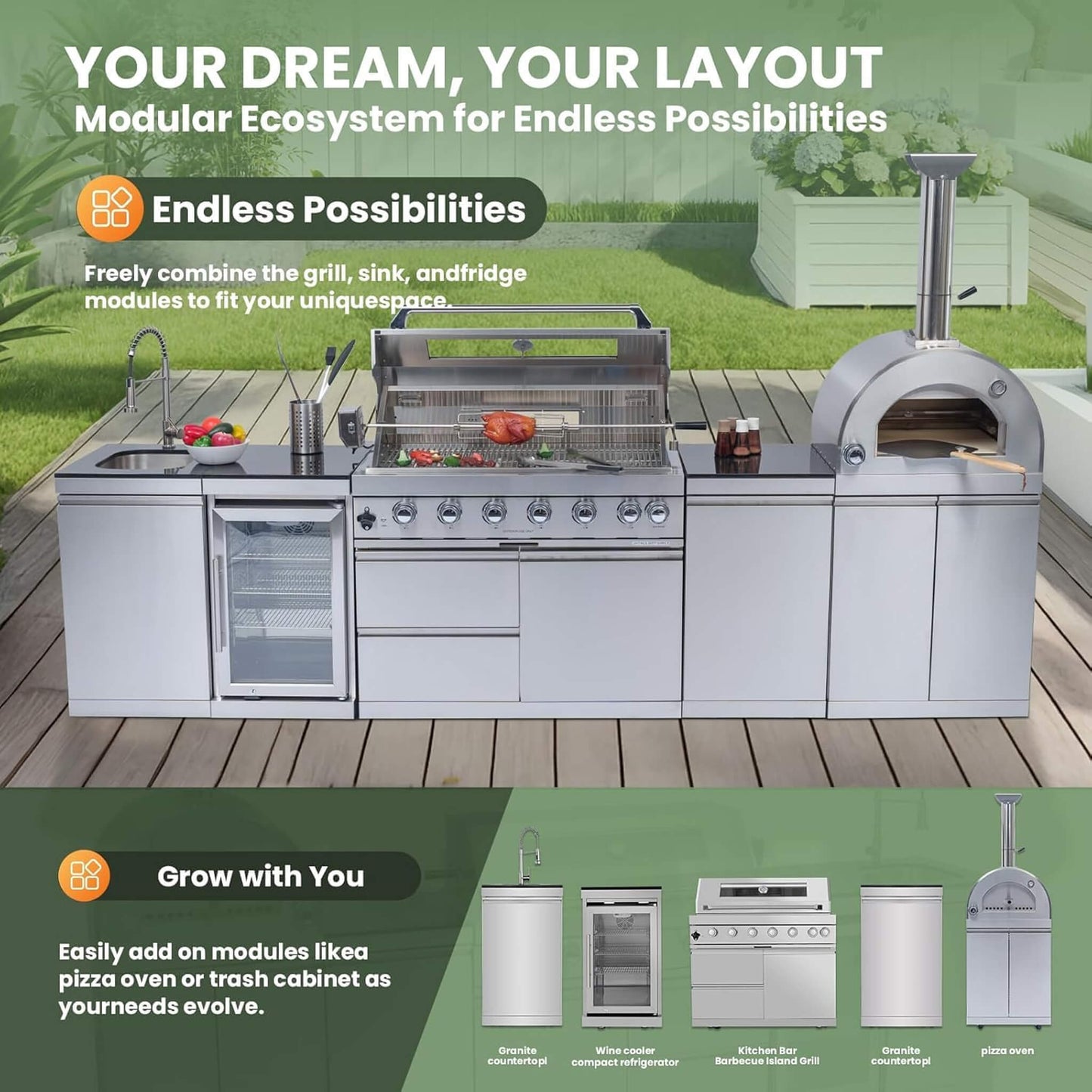 Blazon 128-Inch 6-Burner 120K BTU Outdoor Kitchen Island With Pizza Oven, Rotisserie & Refrigerator (SAK75770)