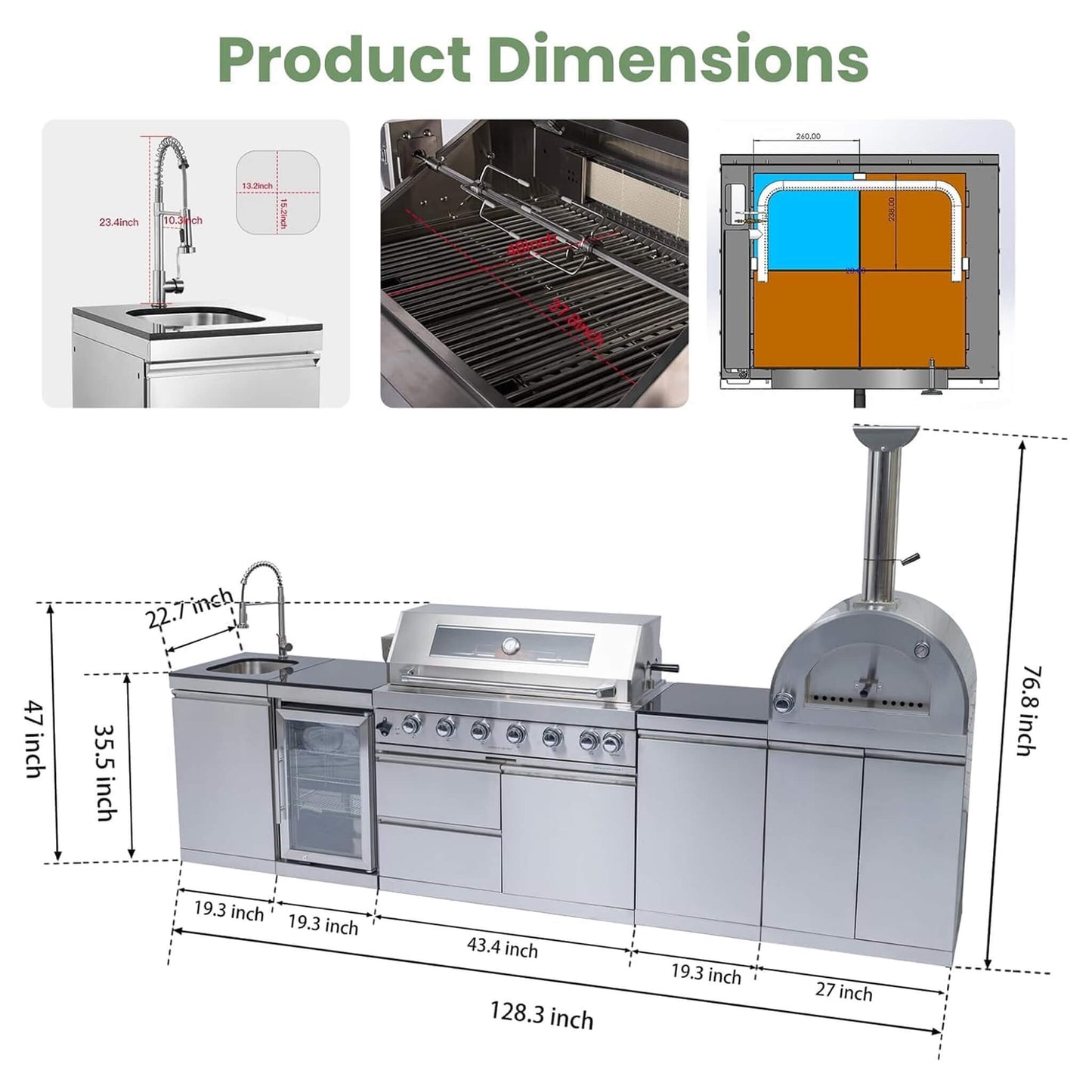 Blazon 128-Inch 6-Burner 120K BTU Outdoor Kitchen Island With Pizza Oven, Rotisserie & Refrigerator (SAK75770)