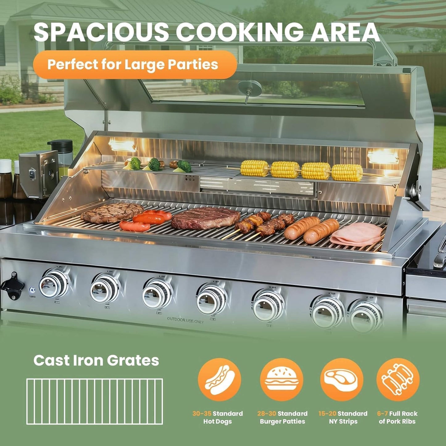 Blazon 128-Inch 6-Burner 120K BTU Outdoor Kitchen Island With Pizza Oven, Rotisserie & Refrigerator (SAK75770)