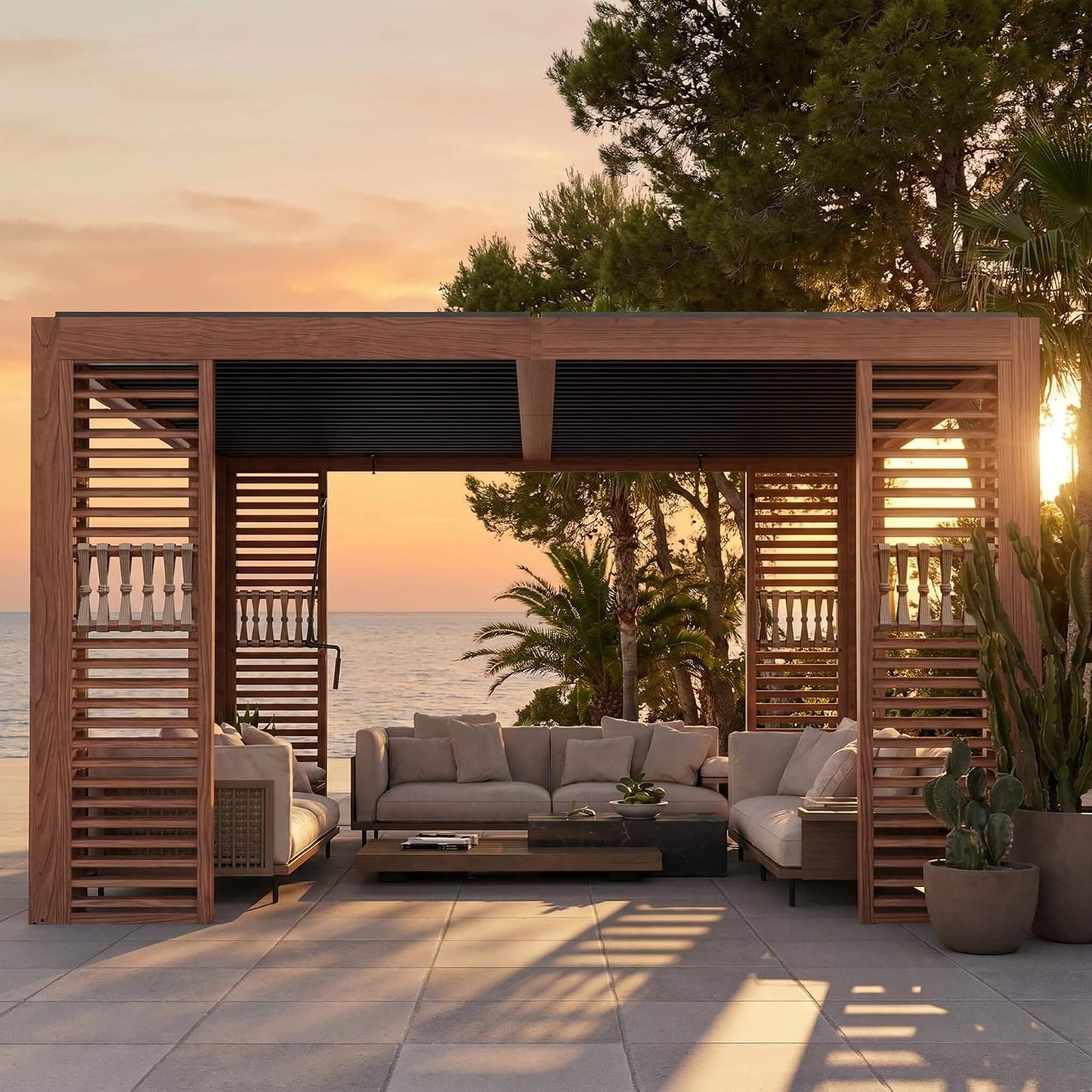[12X12FT] Alora Premium Outdoor Wood Grain Louvered Pergola With Integrated Drainage (SAK74256)