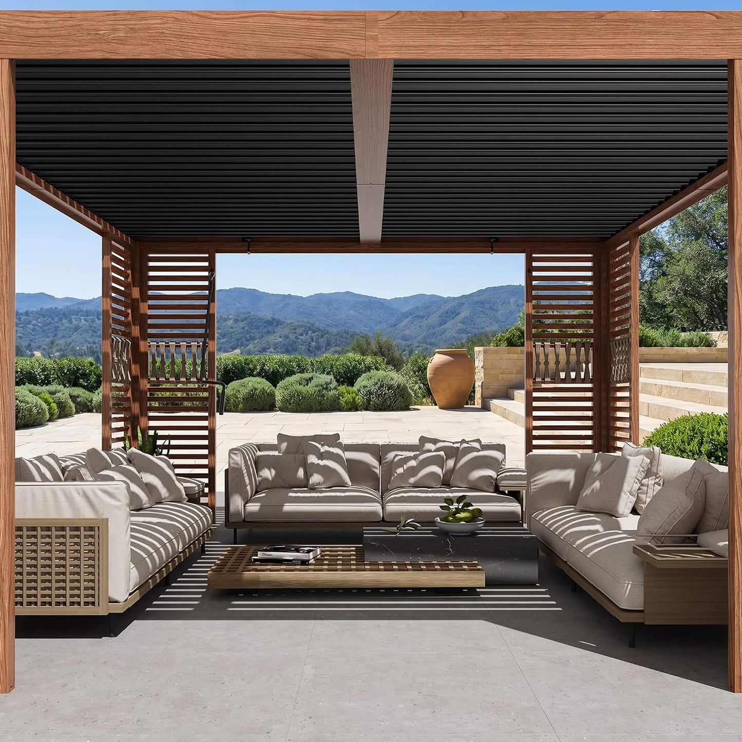 [12X12FT] Alora Premium Outdoor Wood Grain Louvered Pergola With Integrated Drainage (SAK74256)