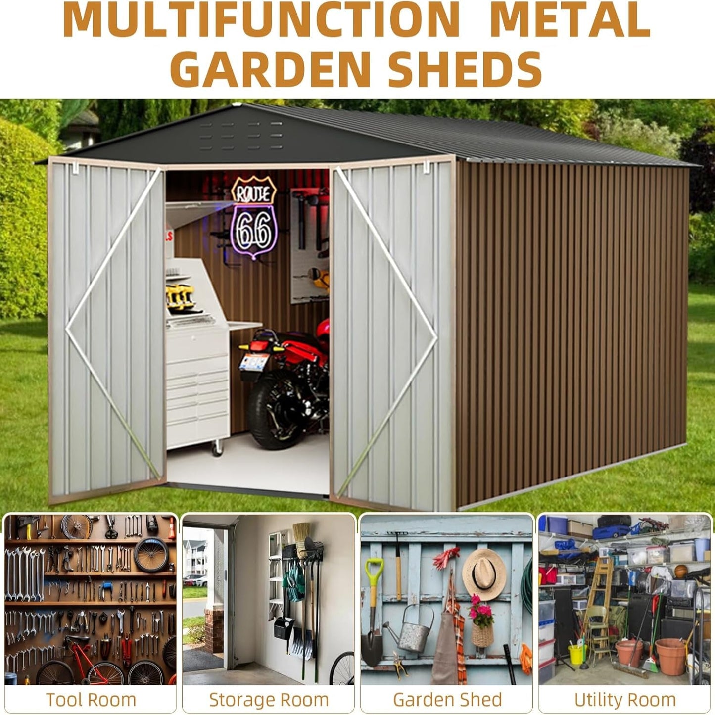 10X10Ft Outdoor Metal Storage Shed, Lockable Weatherproof Garden Shed for Tools & Equipment, Durable Galvanized Steel with Sloping Roof & Ventilation, Ideal for Backyard, Patio & Garage Storage, Brown