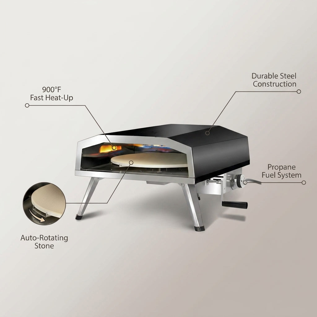 16 In. Propane Pizza Oven, Outdoor Pizza Oven in Black, with Rotating Pizza Stone — infographic