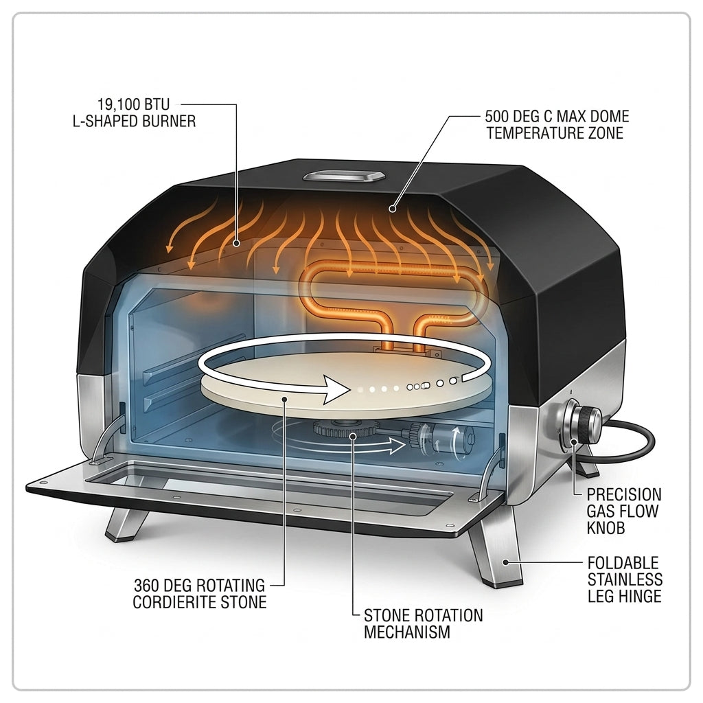 16 In. Propane Pizza Oven, Outdoor Pizza Oven in Black, with Rotating Pizza Stone — How It Works