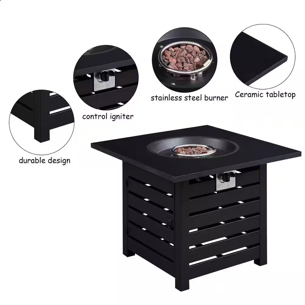 Fire Pit Table, 24.5 In. Square 50,000 BTU Auto-Ignition Propane Gas Fire Pit with Waterproof Cover (Black)