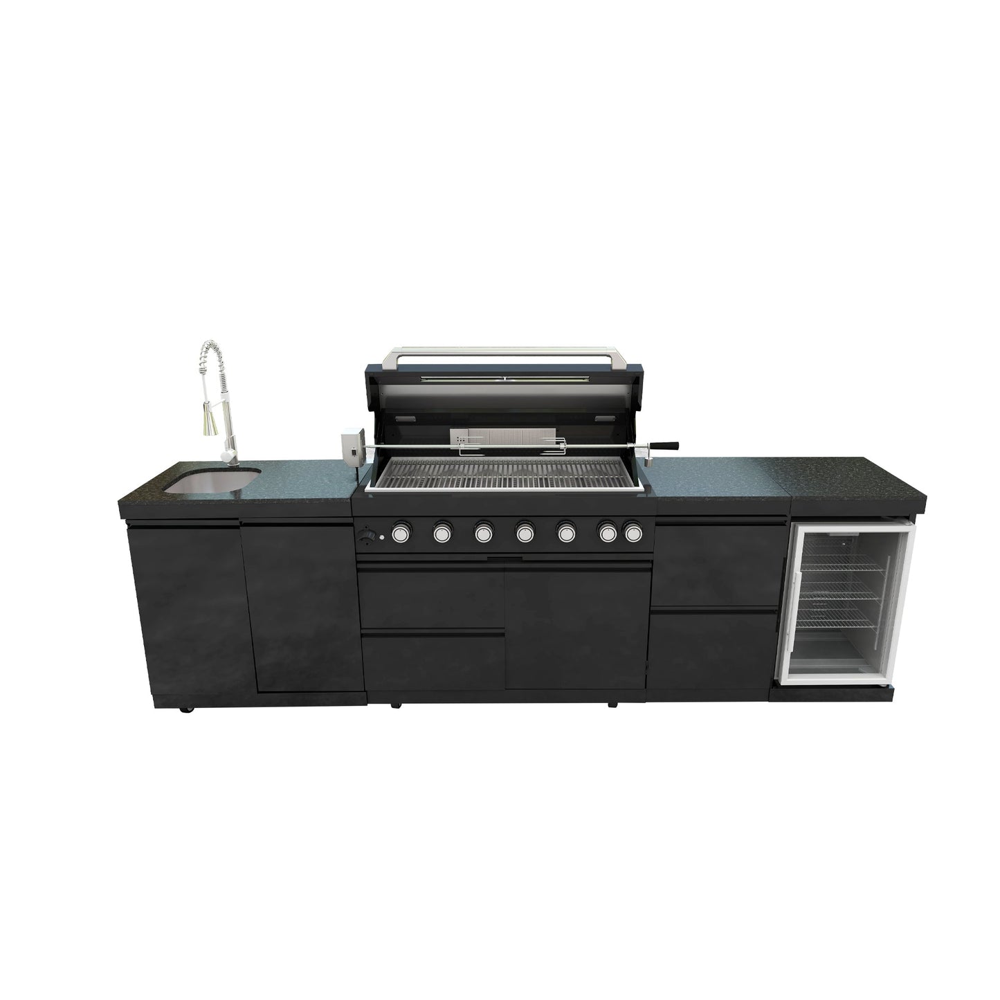 115" 6-Burner 85,000 Black Outdoor Kitchen Island Grill Rotisserie kit