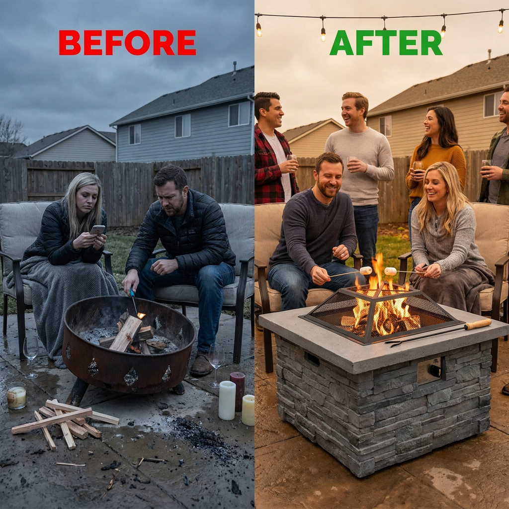 28.75 In. W X 22 In. H Stone Square Wood Burning Outdoor Fire Pit in Stone Gray — Before & After