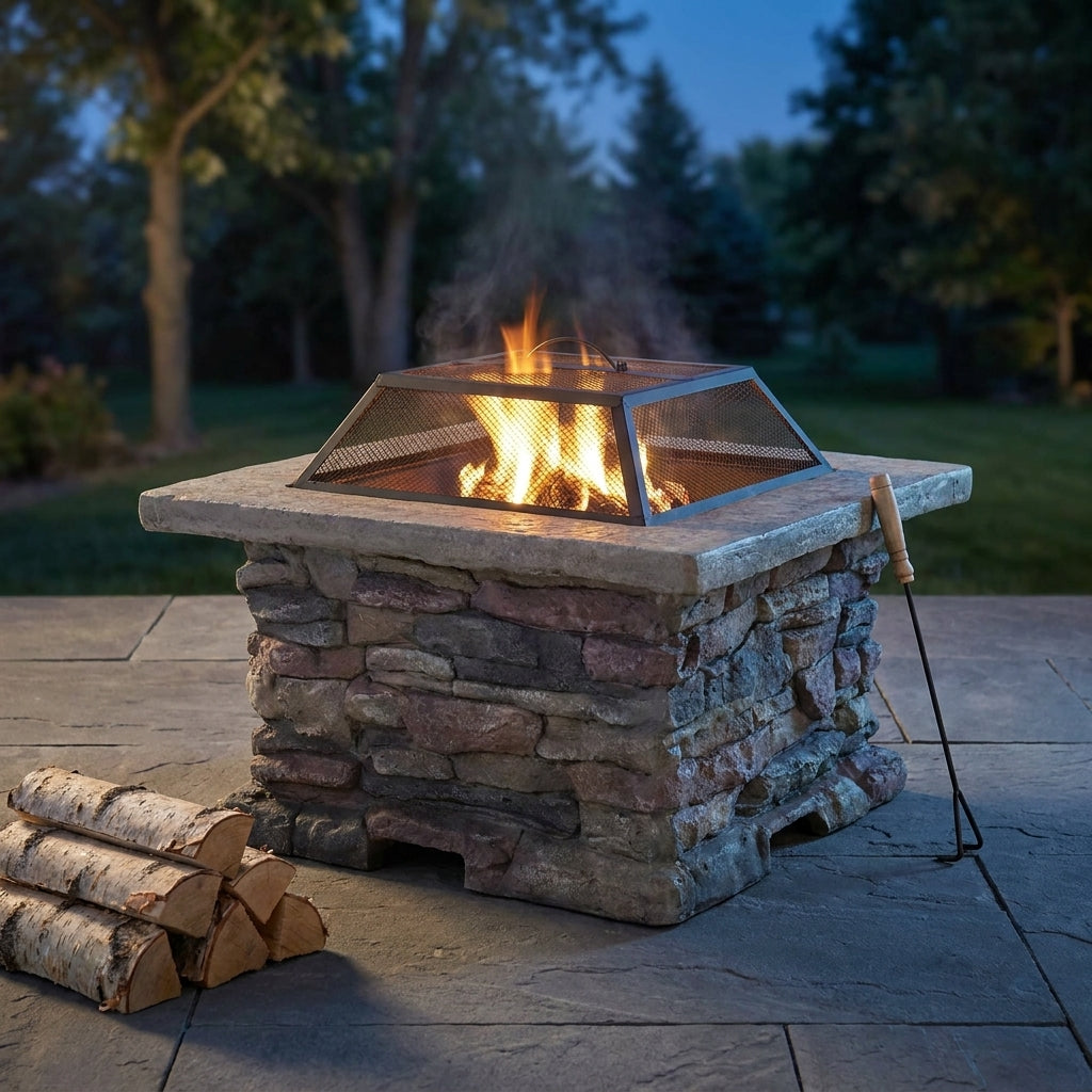 28.75 In. W X 22 In. H Stone Square Wood Burning Outdoor Fire Pit in Stone Gray — Studio Shot