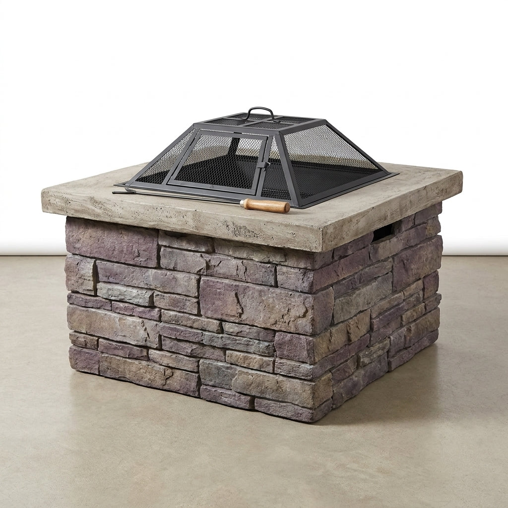 28.75 In. W X 22 In. H Stone Square Wood Burning Outdoor Fire Pit in Stone Gray — Studio Shot