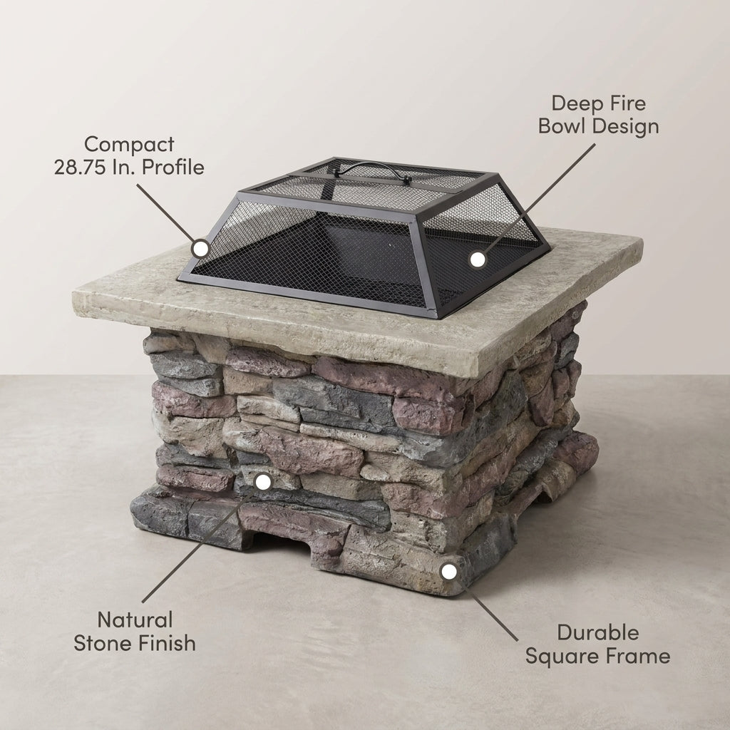 28.75 In. W X 22 In. H Stone Square Wood Burning Outdoor Fire Pit in Stone Gray — infographic