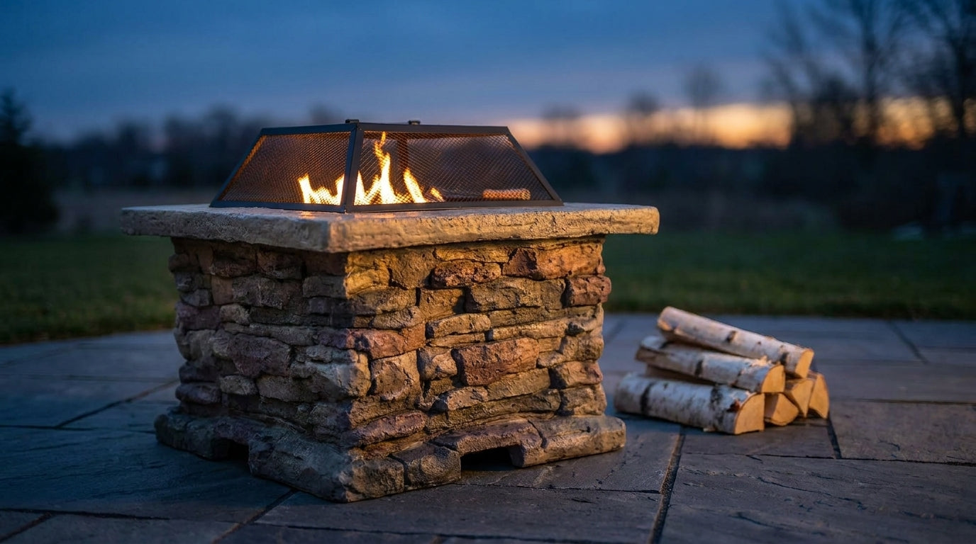 28.75 In. W X 22 In. H Stone Square Wood Burning Outdoor Fire Pit in Stone Gray — Lifestyle