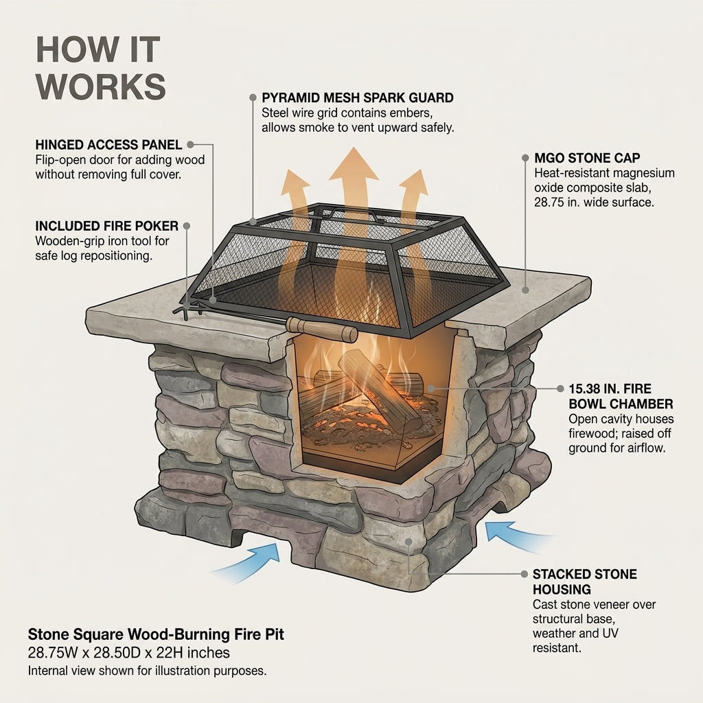 28.75 In. W X 22 In. H Stone Square Wood Burning Outdoor Fire Pit in Stone Gray — How It Works