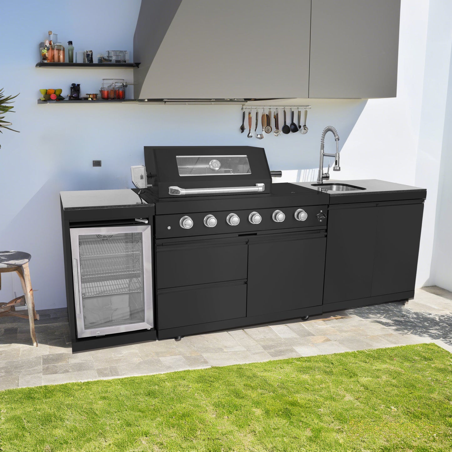 NG 104" 4-Burner 72,000 BTU Black Outdoor Kitchen Island Grill + Rotisserie Kit