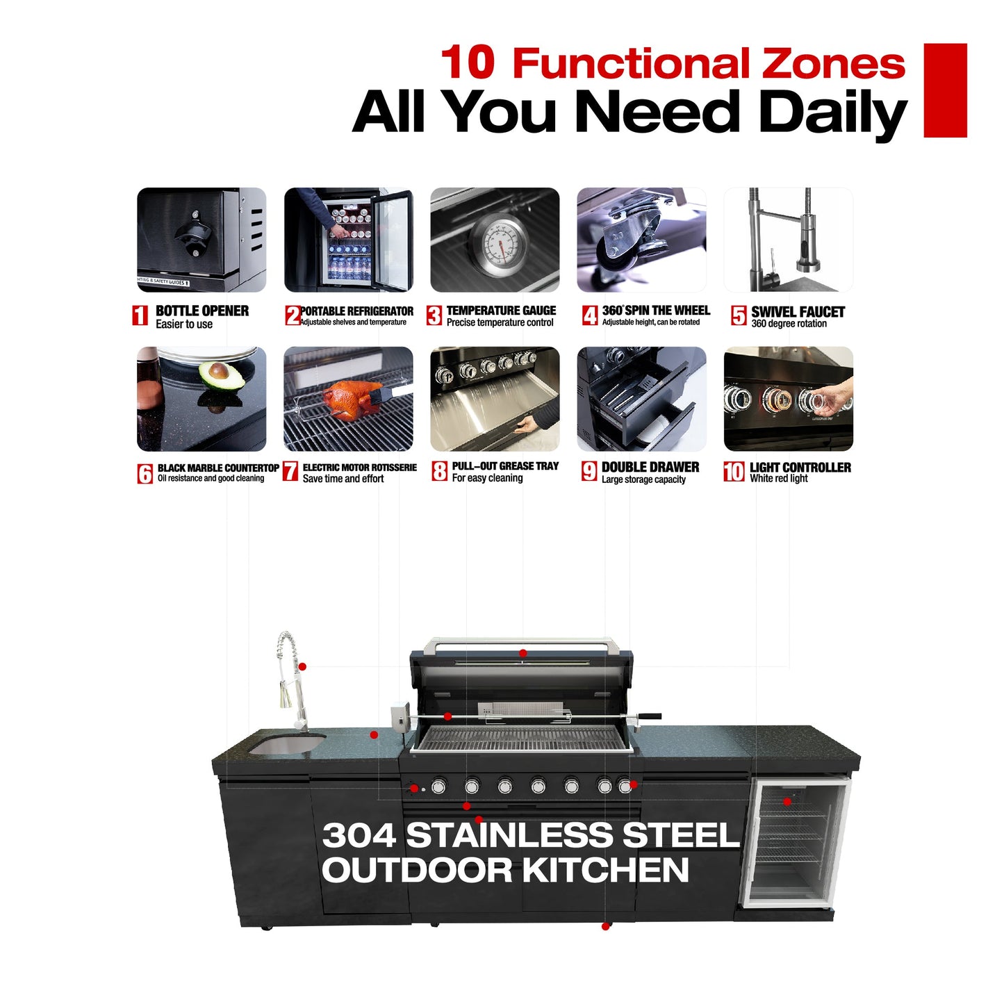 115" 6-Burner 85,000 Black Outdoor Kitchen Island Grill Rotisserie kit