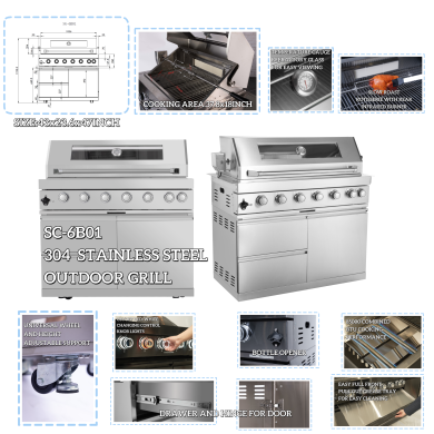 101" 6-Burner 85,000 BTU Outdoor Kitchen Island Grill with Storage Cabinets & Drawers