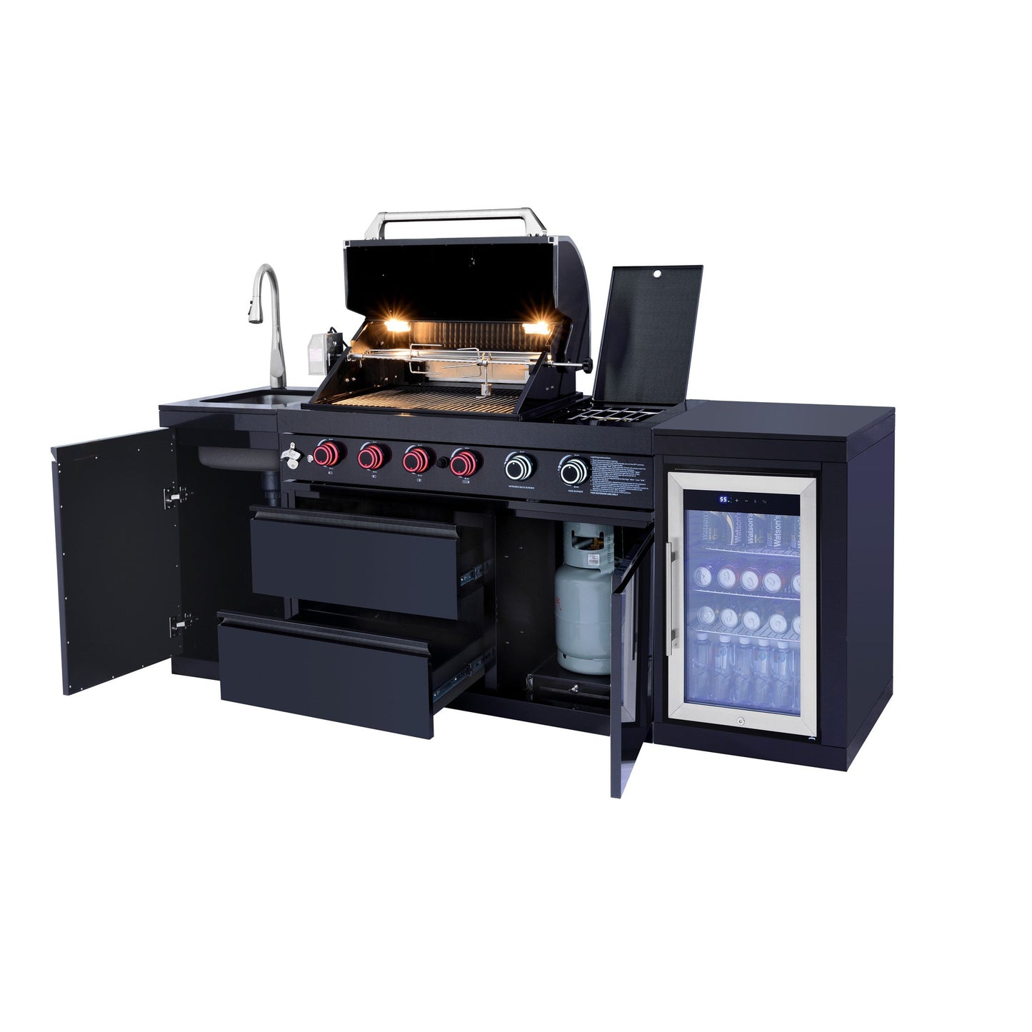 85.2" 4+1 Burner 71,500 BTU Black Outdoor Kitchen Island Grill+ Sink + Refrigerator