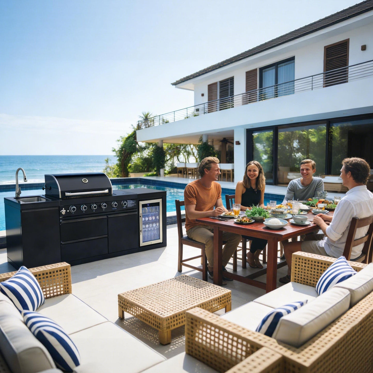 85.2" 4+1 Burner 71,500 BTU Black Outdoor Kitchen Island Grill+ Sink + Refrigerator