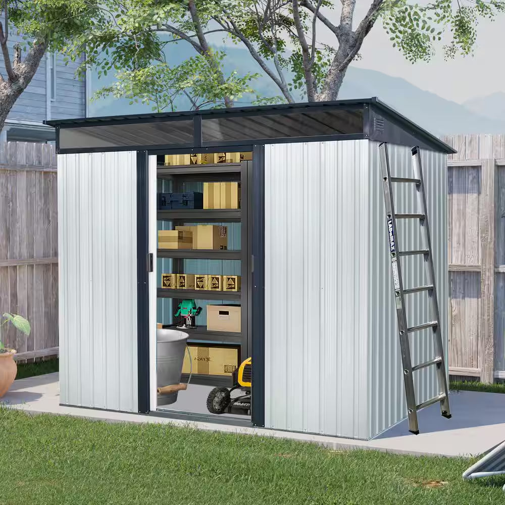 8 Ft. W X 6 Ft. D Metal Shed with Lockable Sliding Doors and Transparent Plate (48 Sq. Ft.)