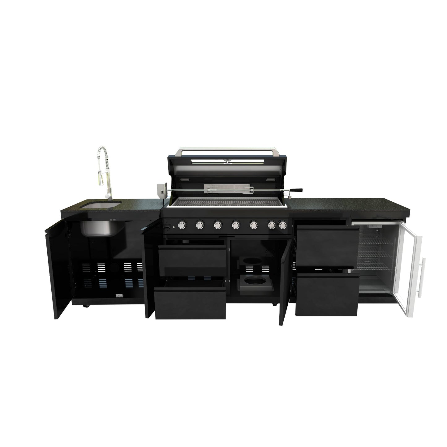 115" 6-Burner 85,000 Black Outdoor Kitchen Island Grill Rotisserie kit